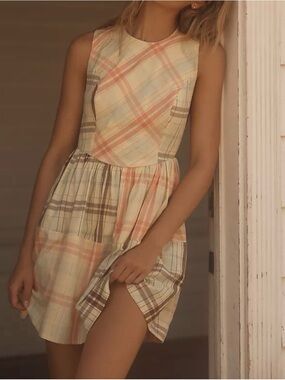 Anthropologie LyreBird Sleeveless Plaid Nap Open Back Mini Dress Pockets Size S